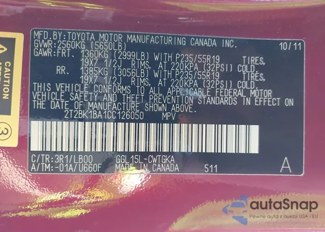 2012 Lexus Rx 350 из США, поврежденный, VIN 2T2BK1BA1CC126050